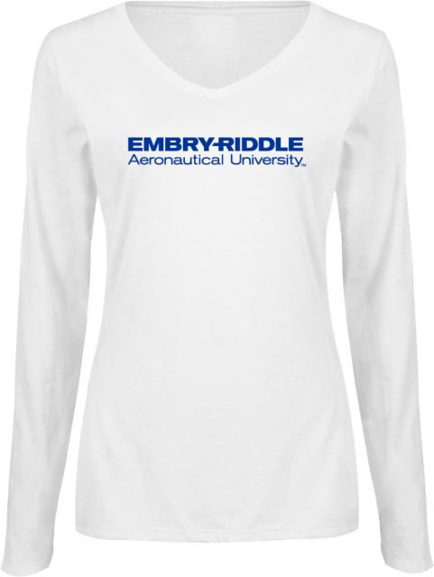 Embry Riddle Worldwide Womens Long Sleeve V Neck Tee White ERAU Wordmark - ONLINE ONLY