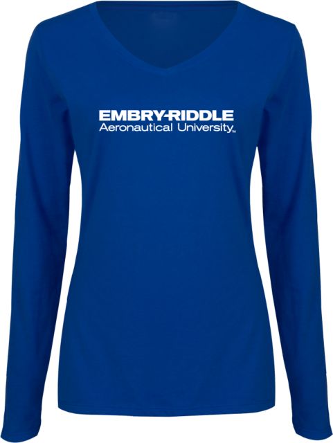 Embry Riddle Worldwide Womens Long Sleeve V Neck Tee ERAU Wordmark - ONLINE ONLY