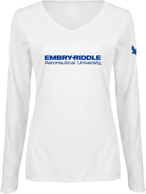 Embry Riddle Worldwide Womens Long Sleeve V Neck Tee ERAU Wordmark - ONLINE ONLY