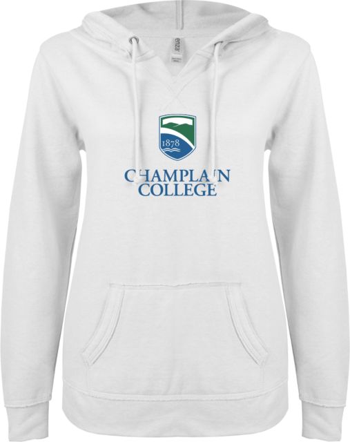 Champlain ENZA Womens V Notch Raw Edge Fleece Hoodie Champlain College w/ Shield Stacked - ONLINE ONLY