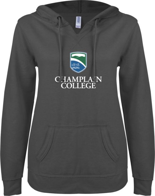 Champlain ENZA Womens V Notch Raw Edge Fleece Hoodie Champlain College w/ Shield Stacked - ONLINE ONLY