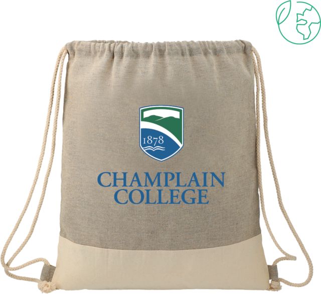 Champlain Split Recycled Cotton Drawstring Bag Champlain College w/ Shield Stacked - ONLINE ONLY