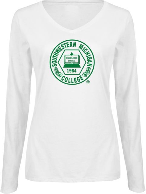 SW Michigan Womens Long Sleeve V Neck Tee White Seal - ONLINE ONLY