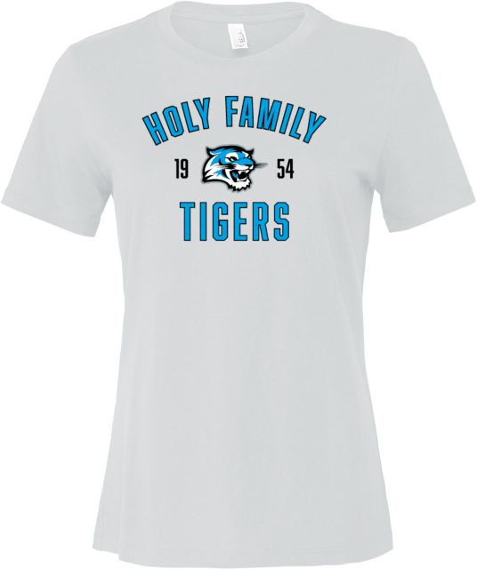 Holy Family Bella + Canvas Womens Relaxed Cotton T Shirt Holy Family Tigers - With Mascot Head - ONLINE ONLY