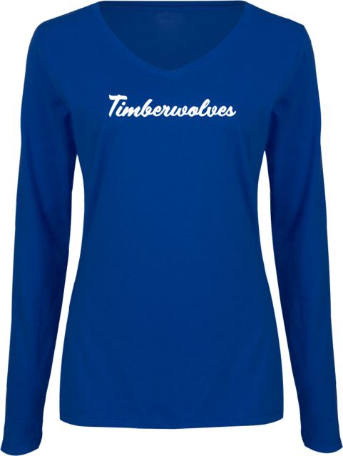 North Central Michigan Womens Long Sleeve V Neck Tee  Script Timberwolves - ONLINE ONLY