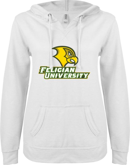 Felician Univ ENZA Ladies V Notch Raw Edge Fleece Hoodie Felician University  Primary Mark - ONLINE ONLY