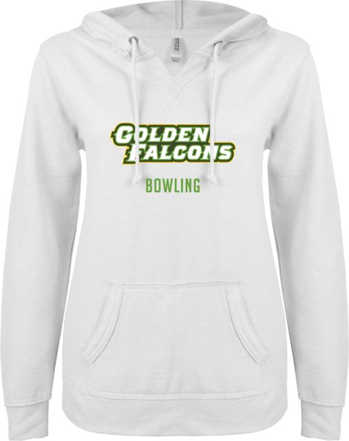Felician Univ ENZA Ladies V Notch Raw Edge Fleece Hoodie Golden Falcons  Bowling - ONLINE ONLY