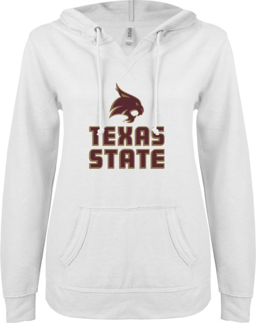 Texas State ENZA Ladies V Notch Raw Edge Fleece Hoodie Texas State Logo Stacked - ONLINE ONLY