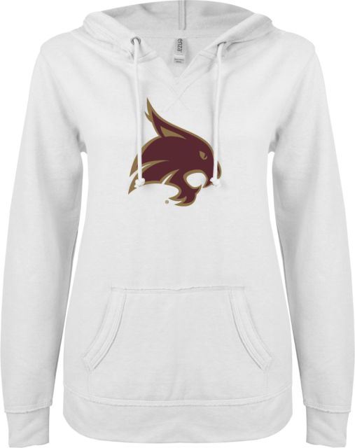 Texas State ENZA Ladies V Notch Raw Edge Fleece Hoodie Bobcat Logo - ONLINE ONLY
