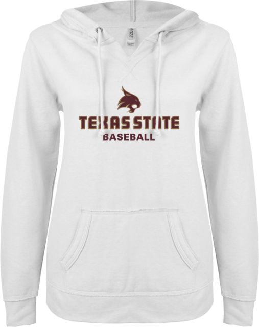 Texas State ENZA Ladies V Notch Raw Edge Fleece Hoodie Baseball - ONLINE ONLY