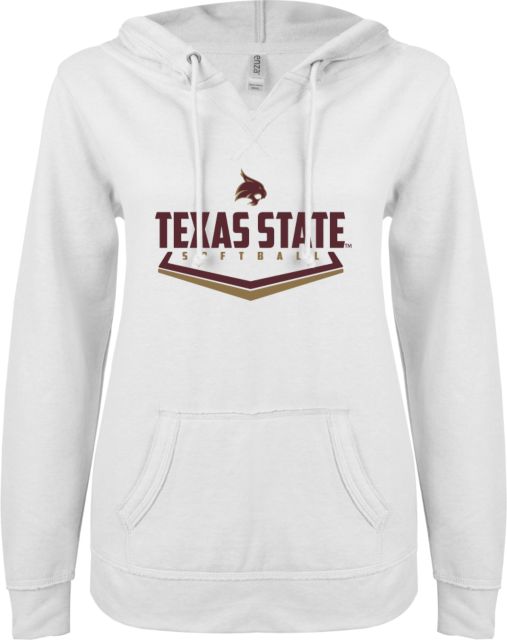 Texas State ENZA Ladies V Notch Raw Edge Fleece Hoodie Texas State Softball - ONLINE ONLY
