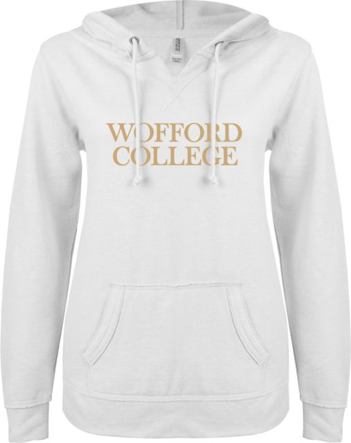 Wofford ENZA Womens V Notch Raw Edge Fleece Hoodie Wofford College Stacked - ONLINE ONLY