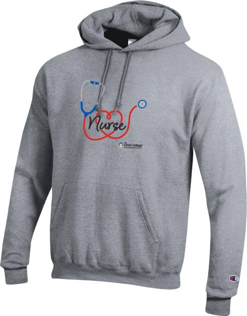 Christ College Champion Fleece Hoodie Stethoscope w Nurse Script - ONLINE ONLY