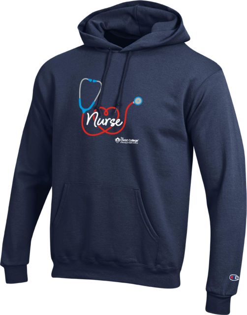 Christ College Champion Fleece Hoodie Stethoscope w Nurse Script - ONLINE ONLY