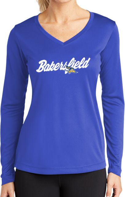 Cal State Bakersfield Womens Performance Long Sleeve V Neck Shirt Mascot Bakersfield Script Wordmark - ONLINE ONLY