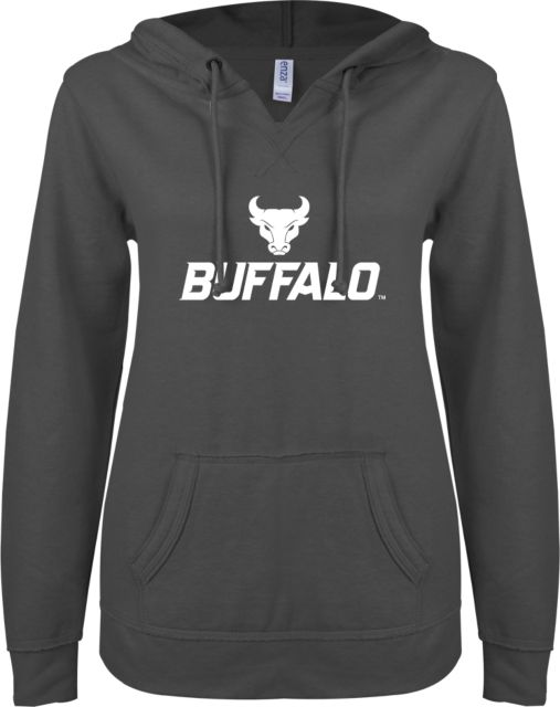 Buffalo ENZA Womens V Notch Raw Edge Fleece Hoodie Primary Athletic Mark Stacked - ONLINE ONLY