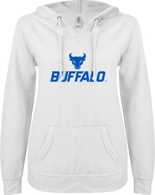 Buffalo ENZA Ladies V Notch Raw Edge Fleece Hoodie Primary Athletic Mark Stacked - ONLINE ONLY