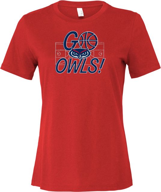 Florida Atlantic Bella + Canvas Womens Relaxed Cotton T Shirt FAU Basketball Go Owls Over Distressed Court - ONLINE ONLY
