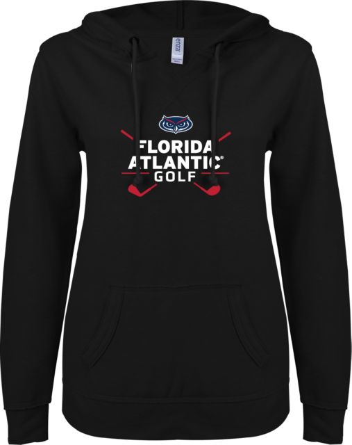 Florida Atlantic ENZA Womens V Notch Raw Edge Fleece Hoodie Florida Atlantic Golf Clubs Design - ONLINE ONLY