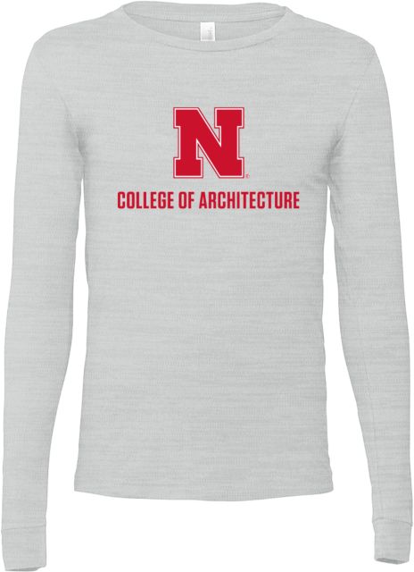 Nebraska Bella + Canvas Ash Jersey Cotton Long Sleeve T Shirt N College of Architecture Stacked - ONLINE ONLY