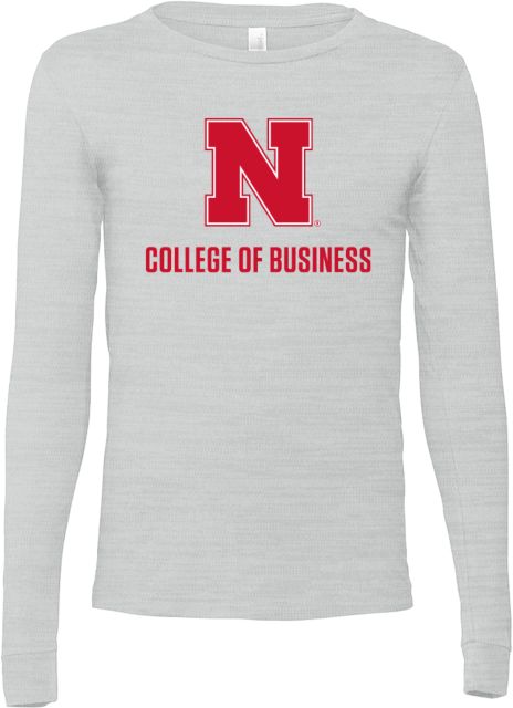 Nebraska Bella + Canvas Ash Jersey Cotton Long Sleeve T Shirt N College of Business Stacked - ONLINE ONLY