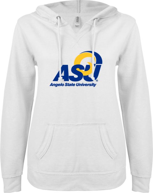 Angelo State ENZA Ladies V Notch Raw Edge Fleece Hoodie Primary Mark - ONLINE ONLY