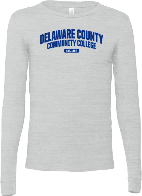 Delaware CC Bella + Canvas Jersey Cotton Long Sleeve T Shirt Delaware County Community College EST 1967 Arched Wordmark - ONLINE ONLY