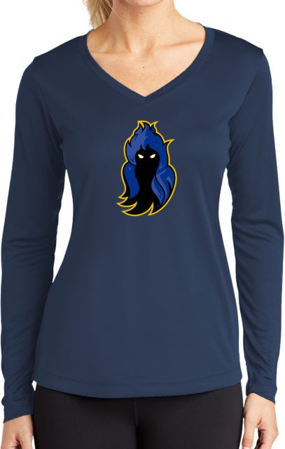 Delaware CC Womens Performance Long Sleeve V Neck Shirt DCCC Phantom Mascot - ONLINE ONLY