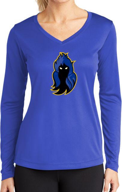 Delaware CC Womens Performance Long Sleeve V Neck Shirt DCCC Phantom Mascot - ONLINE ONLY
