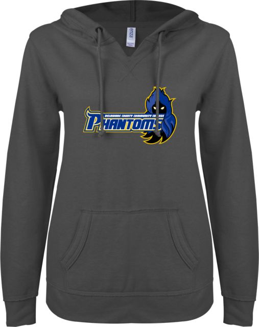 Delaware CC ENZA Womens V Notch Raw Edge Fleece Hoodie Delaware County Community College Phantoms with Mascot - ONLINE ONLY