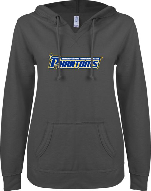 Delaware CC ENZA Womens V Notch Raw Edge Fleece Hoodie Delaware County Community College Phantoms Wordmark - ONLINE ONLY