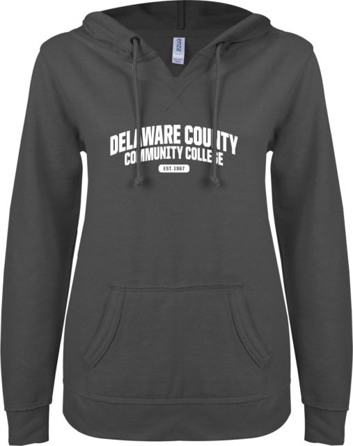 Delaware CC ENZA Womens V Notch Raw Edge Fleece Hoodie Delaware County Community College EST 1967 Arched Wordmark - ONLINE ONLY
