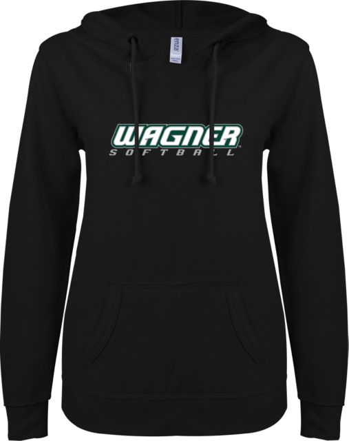 Wagner College ENZA Ladies V Notch Raw Edge Fleece Hoodie Softball - ONLINE ONLY