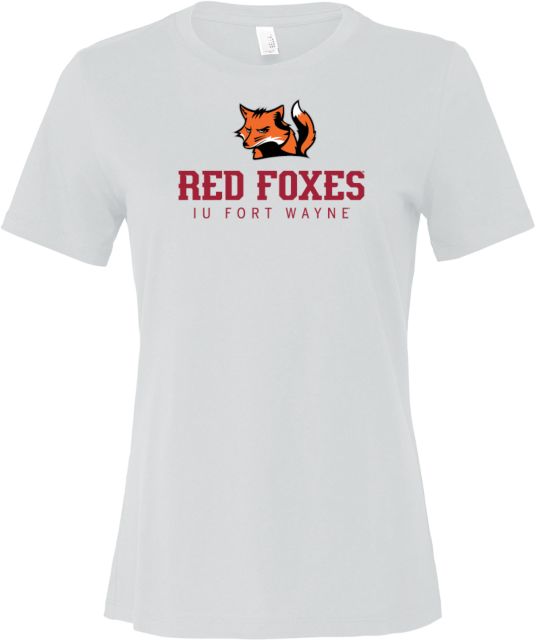 Indiana Bella + Canvas Womens Relaxed Cotton T Shirt IU Fort Wayne Red Foxes with Mascot Stacked - ONLINE ONLY