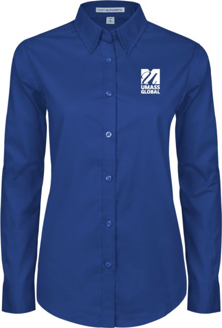 UMass Global Womens Twill Long Sleeve Button Down  UMass Global Primary Logo Stacked - ONLINE ONLY