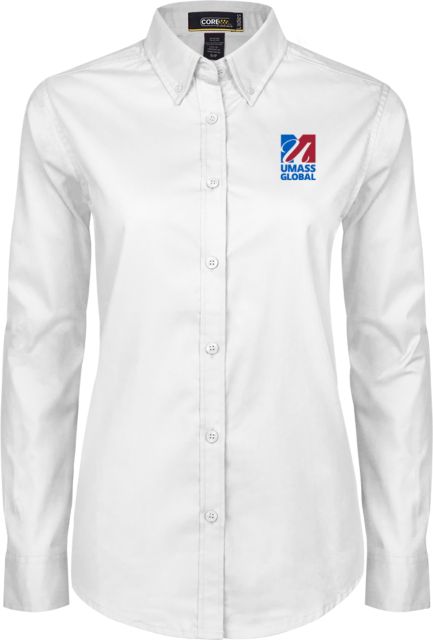 UMass Global Womens Twill Long Sleeve Button Down  UMass Global Primary Logo Stacked - ONLINE ONLY