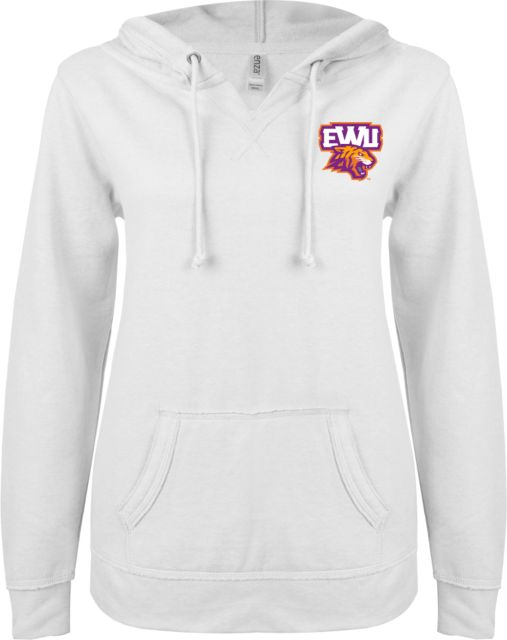 Edward Waters ENZA Ladies White V Notch Raw Edge Fleece Hoodie EWU Tiger Head - ONLINE ONLY
