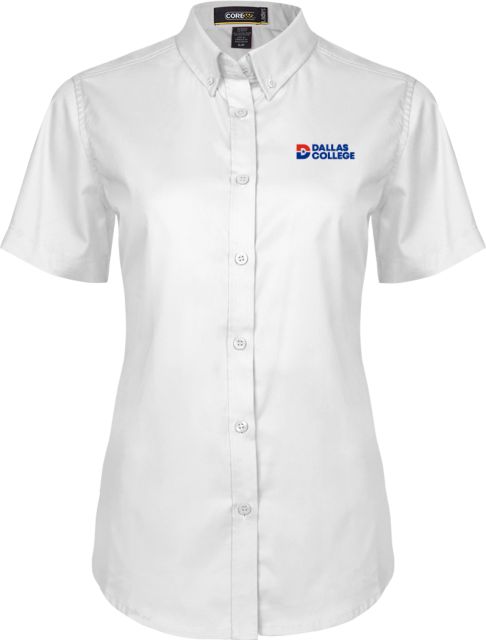 Dallas College Womens Twill Button Up Short Sleeve White Primary Mark - ONLINE ONLY