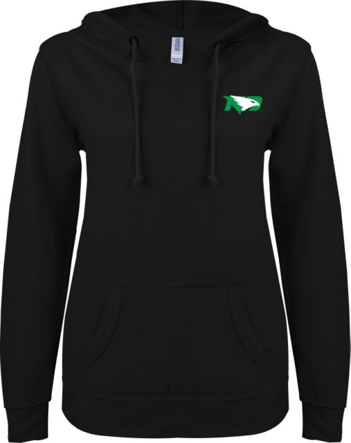 University of North Dakota ENZA Ladies V Notch Raw Edge Fleece Hoodie Primary Athletic Mark - ONLINE ONLY