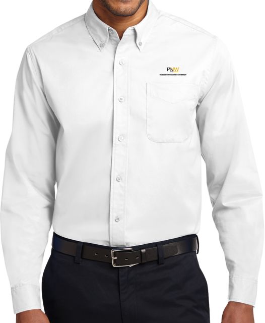 Purdue Northwest Twill Button Down Long Sleeve White PNW Institutional Stacked Mark - ONLINE ONLY