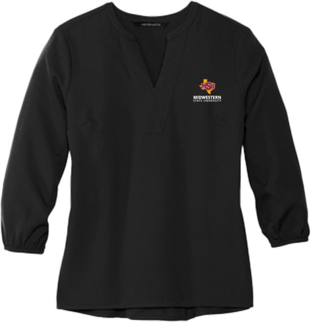 Midwestern State Mercer + Mettle Womens 3/4 Sleeve Crepe Blouse MSU Institutional Stacked - ONLINE ONLY