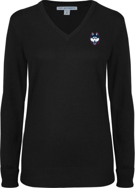 UConn Womens VNeck Sweater Black Husky UConn Lockup Stacked