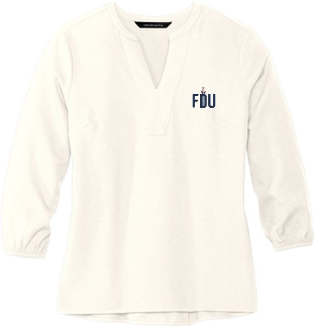 FDU Knights Mercer + Mettle Womens Ivory 3/4 Sleeve Crepe Blouse FDU with Sword - ONLINE ONLY