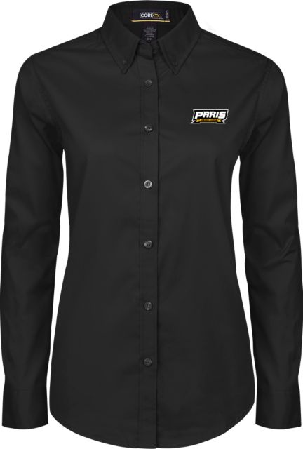 Paris Junior College Womens Twill Long Sleeve Button Down Black Paris Junior College Wordmark - ONLINE ONLY