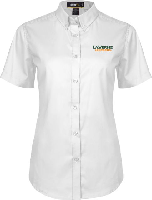LaVerne Womens Twill Button Up Short Sleeve University of La Verne  Leopards Wordmark Flat