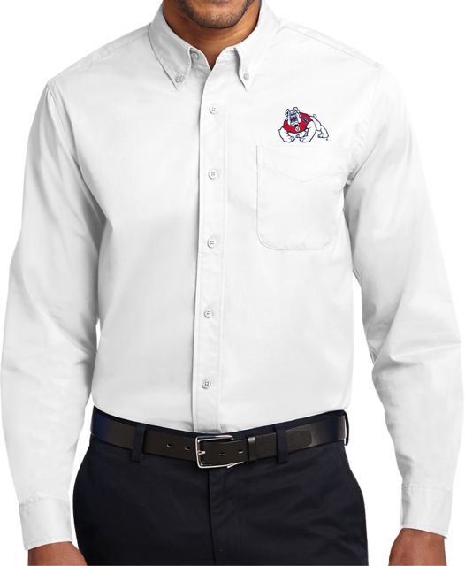 Fresno State Twill Button Down Long Sleeve White Fresno State Primary Mark EMB - ONLINE ONLY