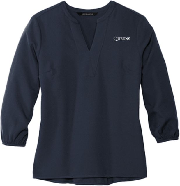 Queens U of Charlotte Mercer + Mettle Womens 3/4 Sleeve Crepe Blouse Queens Institutional Wordmark Embroidery - ONLINE ONLY
