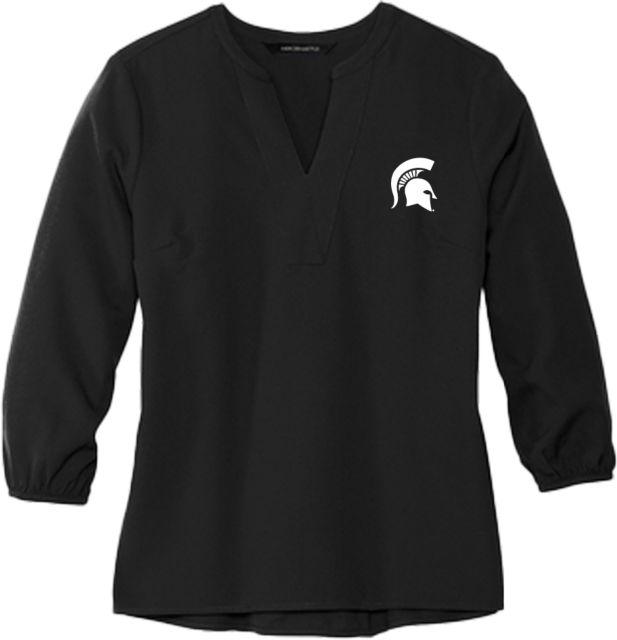 Michigan State Mercer + Mettle Womens 3/4 Sleeve Crepe Blouse Michigan State Spartan Head - ONLINE ONLY