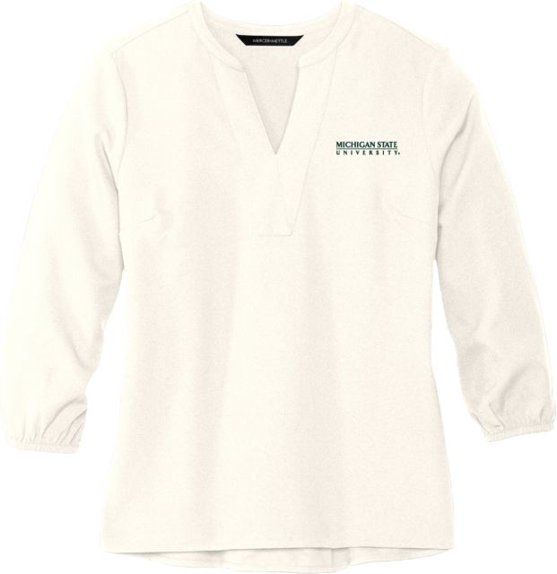 Michigan State Mercer + Mettle Womens Ivory 3/4 Sleeve Crepe Blouse Michigan State University Institutional Mark - ONLINE ONLY