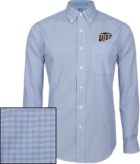 UTEP Mens Navy Plaid Pattern Long Sleeve Shirt Primary University Mark - ONLINE ONLY